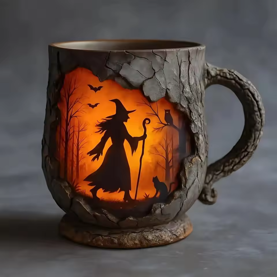 Taza 3D hecha a mano – Diseño de bruja y gato