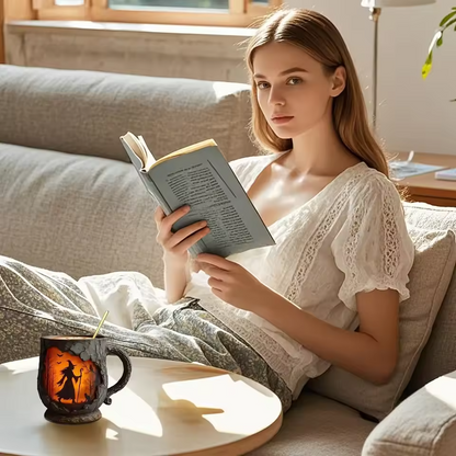 Taza 3D hecha a mano – Diseño de bruja y gato