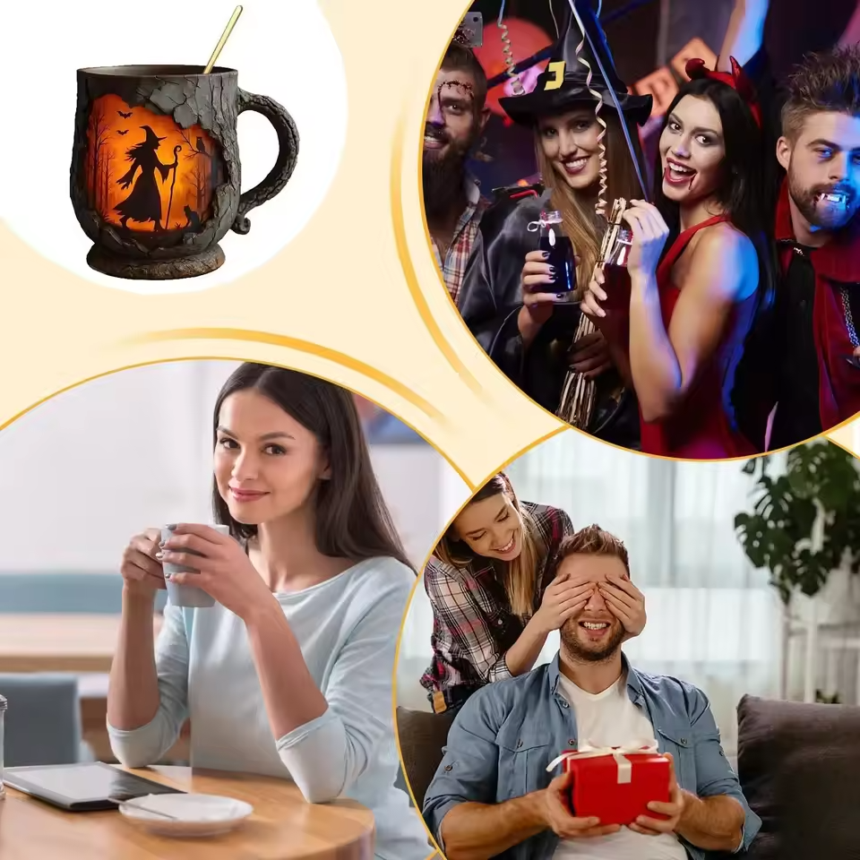 Taza 3D hecha a mano – Diseño de bruja y gato