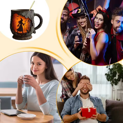 Taza 3D hecha a mano – Diseño de bruja y gato
