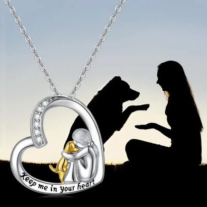 Collar de la Suerte con Motivo de Corazón y Perro – Collar de Plata de Ley con Zirconia