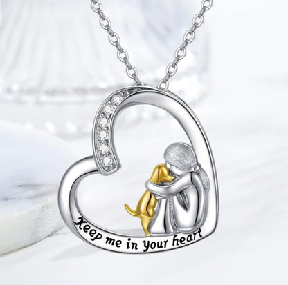 Collar de la Suerte con Motivo de Corazón y Perro – Collar de Plata de Ley con Zirconia