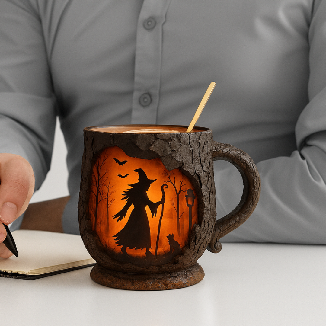 Taza 3D hecha a mano – Diseño de bruja y gato